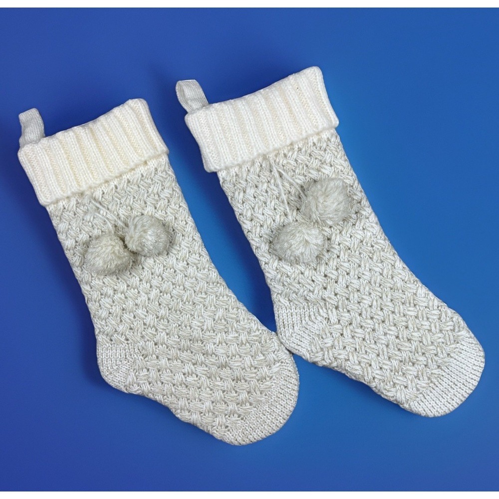 Vintage Pier 1 Christmas Stocking White Crochet Knit w/ Pom Poms NWT lot of 2